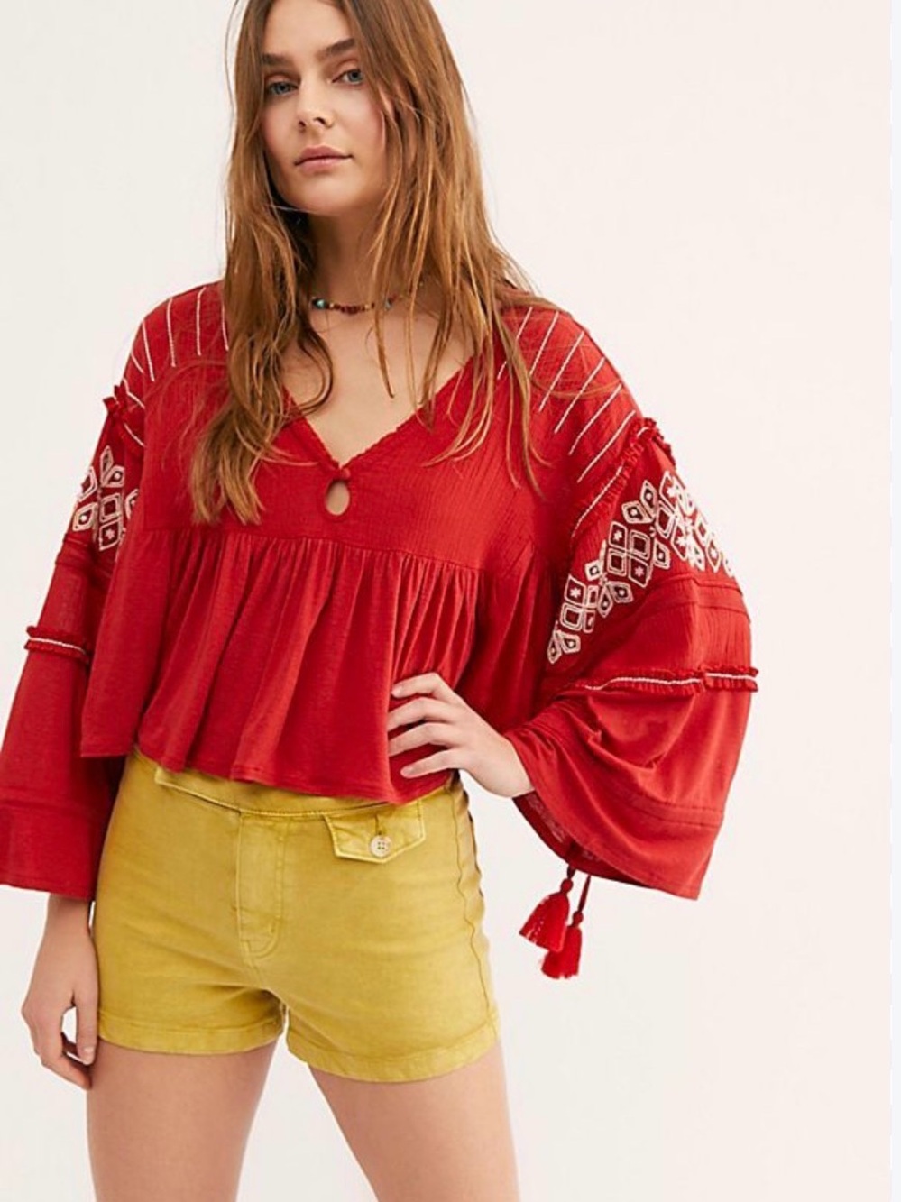 Free People Red Boho Embroidered Peasant Top